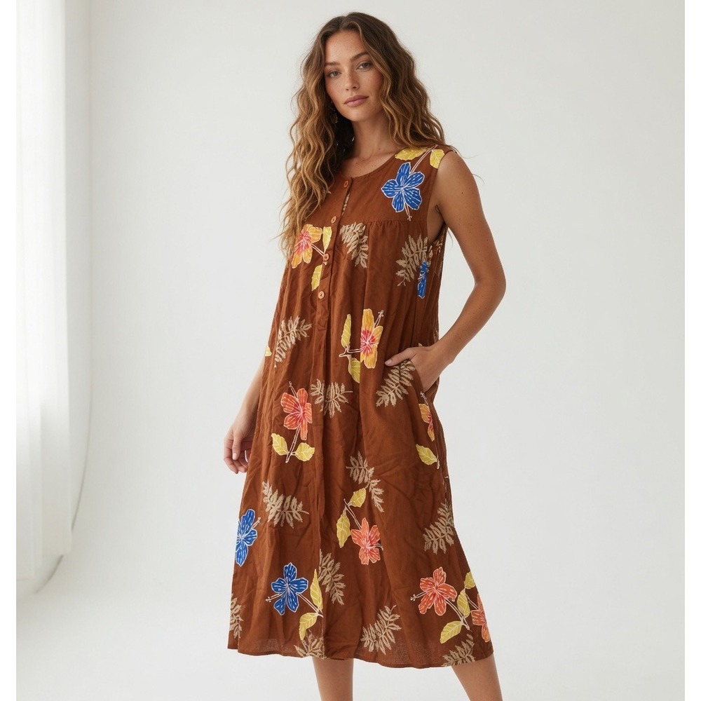 Batik Sultan Brown Tropical Hibiscus Floral Button Front Midi Dress M Hawaiian